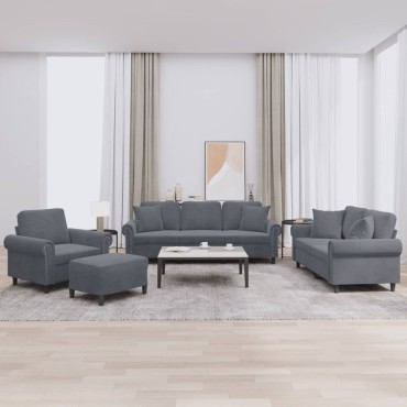 vidaXL Σετ Σαλονιού 4 τεμ. Σκούρο Γκρι Βελούδινο με Μαξιλάρια 92x77x80cm  Διθέσιος Τριθέσιος
