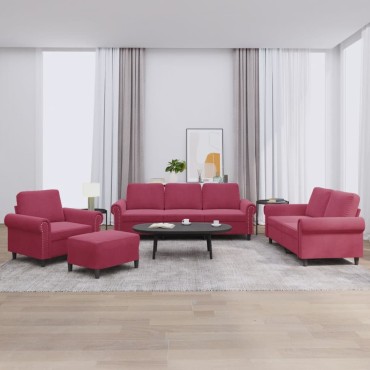 vidaXL Σαλόνι Σετ 4 τεμ. Μπορντό από Βελούδο με Μαξιλάρια 92x77x80cm  Διθέσιος Τριθέσιος