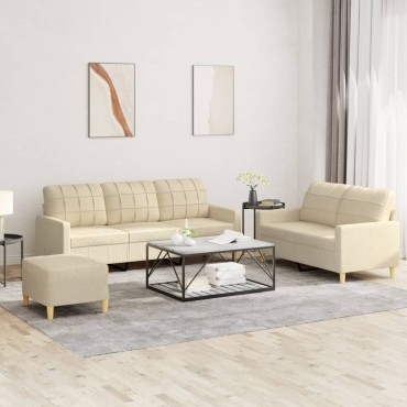 vidaXL Πολυθρόνες Σετ 3 τεμ. Κρεμ από Ύφασμα με Μαξιλάρια 138x77x80cm  Διθέσιος Τριθέσιος