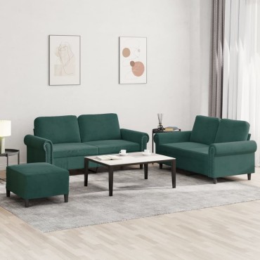 vidaXL Σετ Σαλονιού 3 τεμ. Σκούρο Πράσινο Βελούδινο με Μαξιλάρια 70x55x41cm  Διθέσιος
