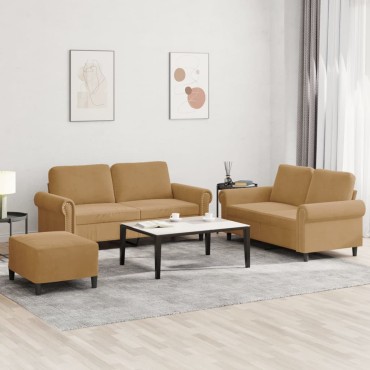 vidaXL Πολυθρόνες Σετ 3 τεμ. Καφέ από Βελούδο με Μαξιλάρια 70x55x41cm  Διθέσιος