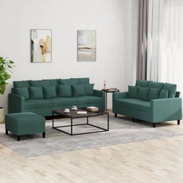 vidaXL Σετ Σαλονιού 3 τεμ. Σκούρο Πράσινο Βελούδινο με Μαξιλάρια 138x77x80cm  Διθέσιος Τριθέσιος