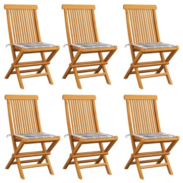 vidaXL Καρέκλες Κήπου 6 τεμ. Μασίφ Ξύλο Teak με Γκρι Καρό Μαξιλάρια 47x60x89cm