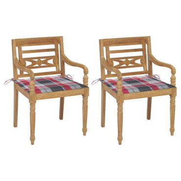 vidaXL Καρέκλες Batavia 2 τεμ. από Ξύλο Teak & Κόκκινα Καρό Μαξιλάρια 55x51,5x84cm