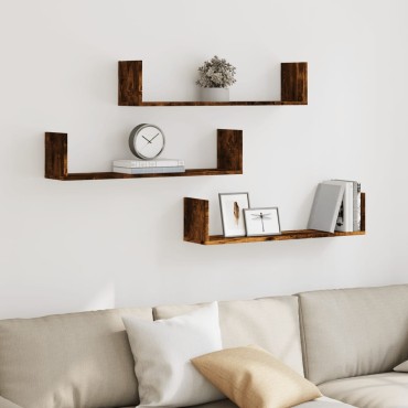 vidaXL Ράφια Τοίχου 3 τεμ. Καπνιστή Δρυς 80x18x18cm Επεξεργ. Ξύλο