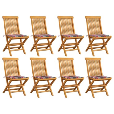 vidaXL Καρέκλες Κήπου 8 τεμ. Μασίφ Ξύλο Teak με Κόκκινα Καρό Μαξιλάρια 47x60x89cm