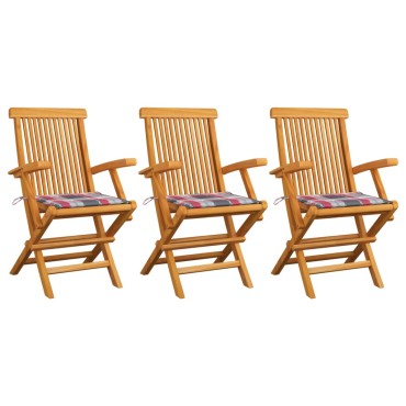 vidaXL Καρέκλες Κήπου 3 τεμ. Μασίφ Ξύλο Teak με Κόκκινα Καρό Μαξιλάρια 55x60x89cm