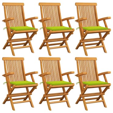 vidaXL Καρέκλες Κήπου 6 τεμ. Μασίφ Ξύλο Teak Φωτεινά Πράσινα Μαξιλάρια 55x60x89cm