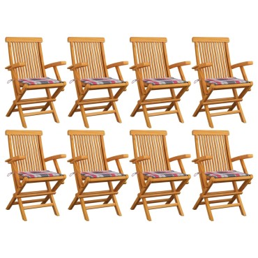 vidaXL Καρέκλες Κήπου 8 τεμ. Μασίφ Ξύλο Teak με Κόκκινα Καρό Μαξιλάρια 55x60x89cm