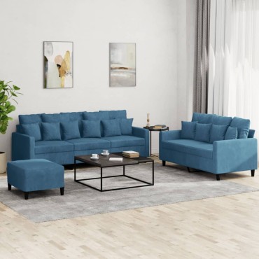 vidaXL Σετ Σαλονιού 3 τεμ. Μπλε από Βελούδο με Μαξιλάρια 138x77x80cm  Διθέσιος Τριθέσιος