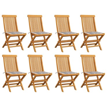 vidaXL Καρέκλες Κήπου 8 τεμ. από Μασίφ Ξύλο Teak με Γκρι Καρό Μαξιλάρια 47x60x89cm