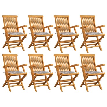 vidaXL Καρέκλες Κήπου 8 τεμ. από Μασίφ Ξύλο Teak με Γκρι Καρό Μαξιλάρια 55x60x89cm