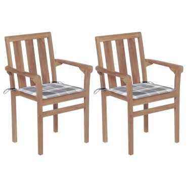 vidaXL Καρέκλες Κήπου 2 τεμ. από Μασίφ Ξύλο Teak & Γκρι Καρό Μαξιλάρια 58x50x89cm