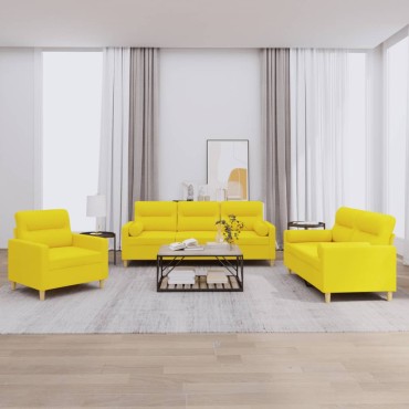 vidaXL Σετ Σαλονιού 3 τεμ. Αν. Κίτρινο Υφασμάτινο με Μαξιλάρια 78x77x80cm  Διθέσιος Τριθέσιος