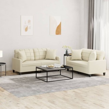 vidaXL Πολυθρόνες Σετ 2 τεμ. Κρεμ Συνθετικό Δέρμα με Μαξιλάρια 138x77x80cm  Διθέσιος