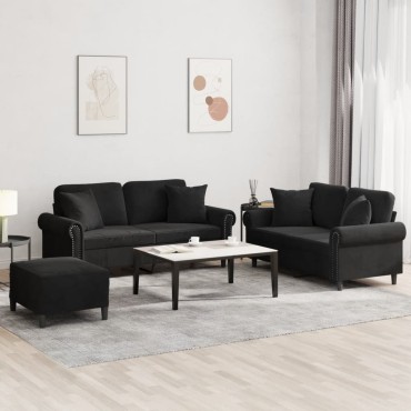 vidaXL Σετ Σαλονιού 3 τεμ. Μαύρο Βελούδινο με Μαξιλάρια 70x55x41cm  Διθέσιος