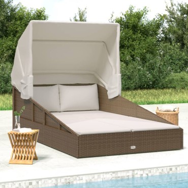 vidaXL Ξαπλώστρα με Πτυσσόμενη Οροφή Καφέ 200x114x128cm Συνθ. Ρατάν