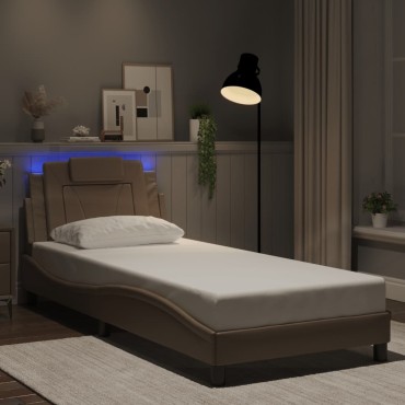vidaXL Πλαίσιο Κρεβατιού με LED Καπουτσίνο 90x190 εκ. Συνθετικό Δέρμα