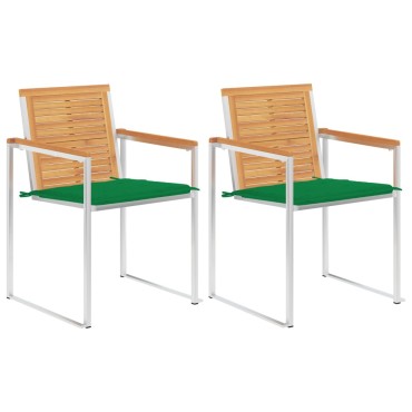 vidaXL Καρέκλες Κήπου 2 τεμ. από Μασίφ Ξύλο Teak/Ατσάλι με Μαξιλάρια 60x56x85cm