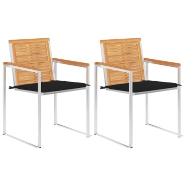 vidaXL Καρέκλες Κήπου 2 τεμ. από Μασίφ Ξύλο Teak/Ατσάλι με Μαξιλάρια 60x56x85cm