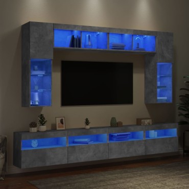 vidaXL Ντουλάπια Τηλεόρασης Τοίχου 8 τεμ. Φώτα LED Γκρι Σκυροδέματος