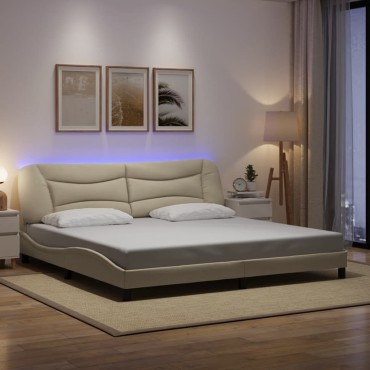 vidaXL Πλαίσιο Κρεβατιού με LED Κρεμ 200x200 εκ. Υφασμάτινο