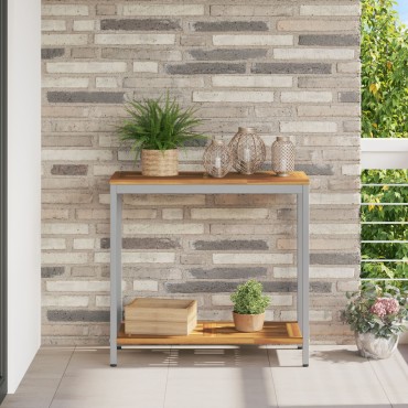 vidaXL Εξωτερικό Τραπέζι Φυσικό & Γκρι 35x80x75cm Μασίφ Ξύλο και Χάλυβας 1 τεμ.