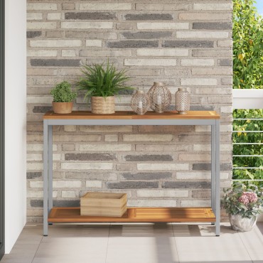 vidaXL Εξωτερικό Τραπέζι Φυσικό & Γκρι 35x110x75cm Στερεό Ξύλο και Ατσάλι 1 τεμ.