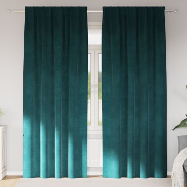 Curtains blackout vidaXL με κορδέλα 2 τεμ Σκούρο Πράσινο Βελούδο