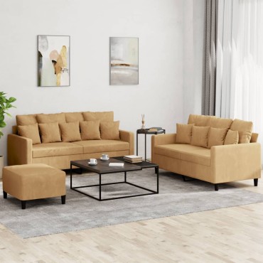 vidaXL Πολυθρόνες Σετ 3 τεμ. Καφέ από Βελούδο με Μαξιλάρια 138x77x80cm  Διθέσιος