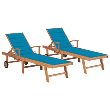 vidaXL Ξαπλώστρες 2 τεμ. από Μασίφ Ξύλο Teak με Μπλε Μαξιλάρια