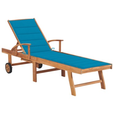 vidaXL Ξαπλώστρα από Μασίφ Ξύλο Teak με Μπλε Μαξιλάρι 1 τεμ.