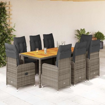 vidaXL Σετ Επίπλων Bistro Κήπου 9 τεμ. Γκρι Συνθετ. Ρατάν με Μαξιλάρια 54,5x58,5x92cm