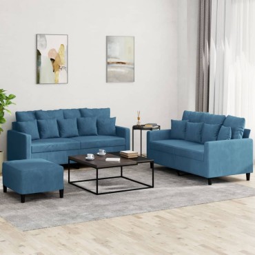 vidaXL Σετ Σαλονιού 3 τεμ. Μπλε από Βελούδο με Μαξιλάρια 138x77x80cm  Διθέσιος