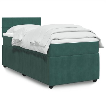 vidaXL Κρεβάτι Boxspring με Στρώμα Σκούρο Πράσινο 90x200 εκ. Βελούδινο