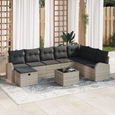 vidaXL Σετ Καναπέ Κήπου 9 Τεμαχίων με Μαξιλάρια Light Grey Πολυ Ρατάν