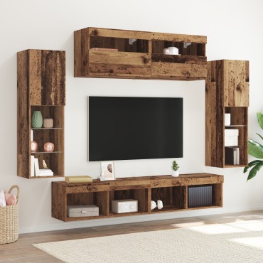 vidaXL Σετ 8 Επιτοίχιων Μονάδων TV με LED Παλαιό Ξύλο Επεξεργασμένο Ξύλο