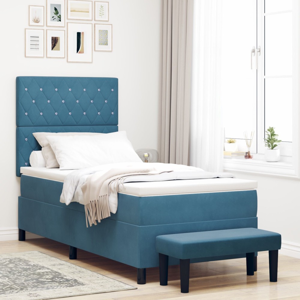vidaXL Box Spring Κρεβάτι με Στρώμα & Παγκάκι Σκούρο Μπλε 90x190 εκ Βελούδο