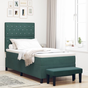 vidaXL Κρεβάτι Box Spring με Στρώμα & Πάγκο Σκούρο Πράσινο 100x200 εκ Βελούδο