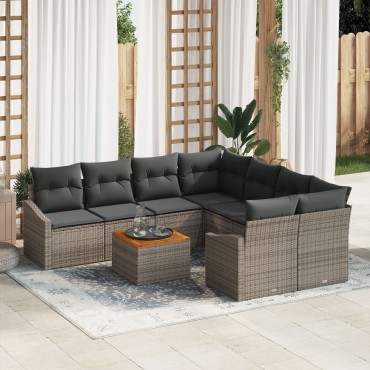 vidaXL Σετ Καναπέ 9 Τεμαχίων με Μαξιλάρια Γκρι Poly Rattan Acacia