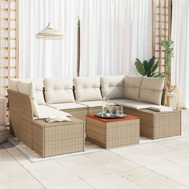 vidaXL Set Καναπέ Κήπου 7 Τεμαχίων με Μαξιλάρια Μπεζ Πολυ-Ρατάν Ακακίας
