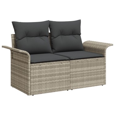 Σετ Καναπέ Κήπου 9 τεμαχίων με Μαξιλάρια Poly Rattan Ανοιχτό Γκρι, Καναπές Κήπου 2 θέσεων με Αποθήκη & Μαξιλάρια Poly Rattan Ανοιχτό Γκρι