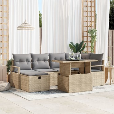 Σετ καναπέ κήπου 7 τμχ με μαξιλάρια μπεζ Poly Rattan, Καθιστικό κήπου 2 ατόμων με μαξιλάρια μπεζ Poly Rattan
