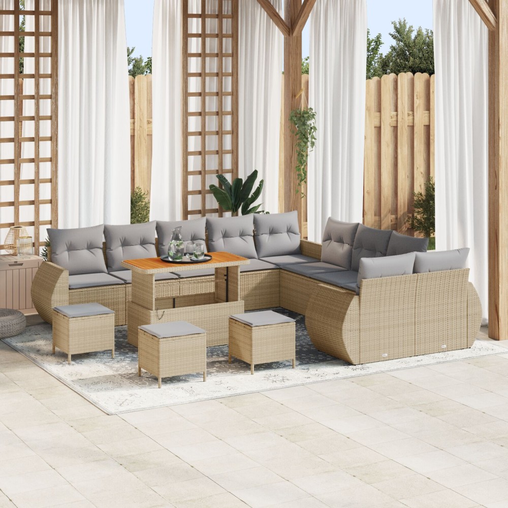 vidaXL 13 Piece Garden Sofa Set with Cushions Beige Poly Rattan Acacia