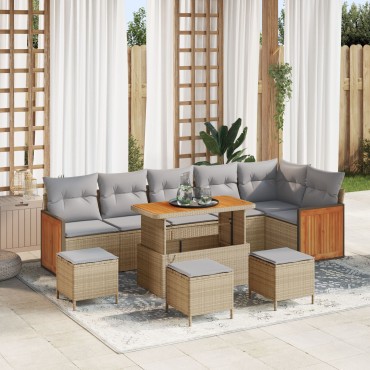 vidaXL 9 Piece Garden Sofa Set with Cushions Beige Poly Rattan Acacia