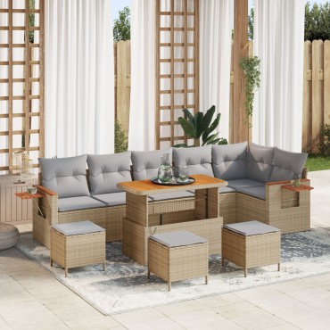 vidaXL 9 Τμήμα Σαλονιού Κήπου με Μαξιλάρια Μπεζ Poly Rattan Acacia