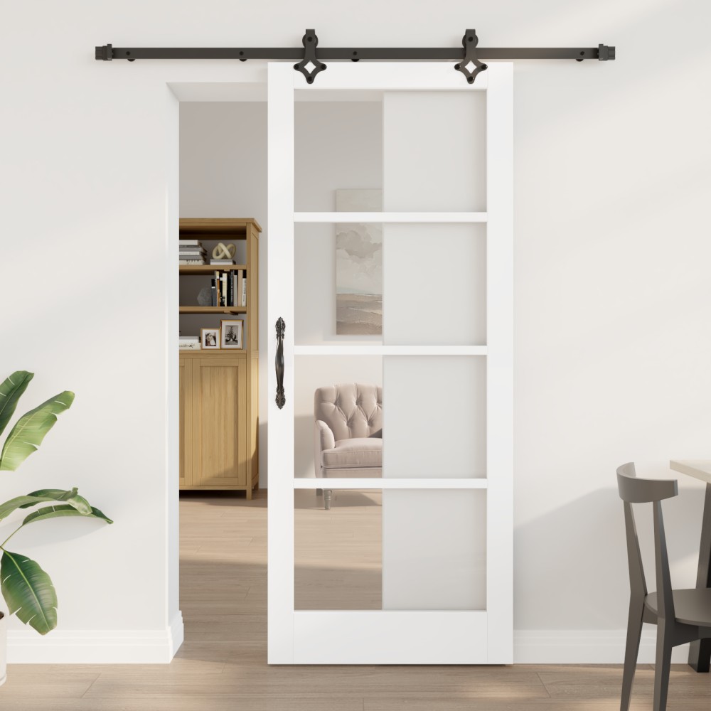 Συρόμενη Πόρτα vidaXL με ΧHardware Set 'ORKDAL' Άσπρο Συμπαγές Ξύλο & Γυαλί, Εσωτερική Πόρτα vidaXL με Γυαλί 'ORKDAL' Άσπρη 86x211x4 cm