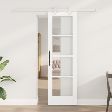 Συρόμενη Πόρτα vidaXL με Σετ Υλικών Λευκή 61x198.5 εκ. Συμπαγές Ξύλο Πεύκης, Εσωτερική Πόρτα vidaXL με Γυαλί 'ORKDAL' Λευκή 61x198.5x4 εκ.