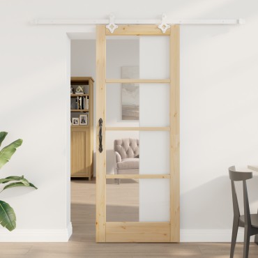 Σετ Συρόμενης Πόρτας vidaXL με Εξαρτήματα 78x202 εκ. Φυσικό Ξύλο, Εσωτερική Πόρτα vidaXL με Γυαλί 'ORKDAL'78x202x4 εκ. Φυσικό Ξύλο