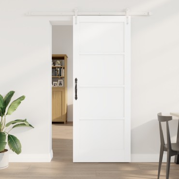 vidaXL Συρόμενη Πόρτα με Σετ Αξεσουάρ Λευκή 83x211 εκ. Συμπαγές Ξύλο Πεύκου